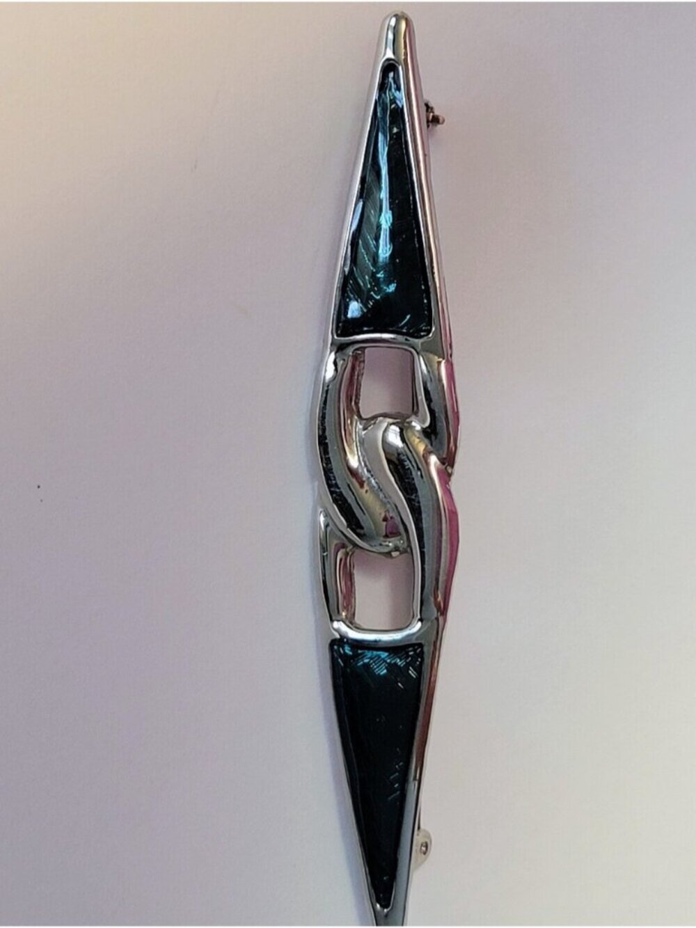 Vtg Silver-Tone 4" Bar Brooch/Collar Pin withTeal Inlay